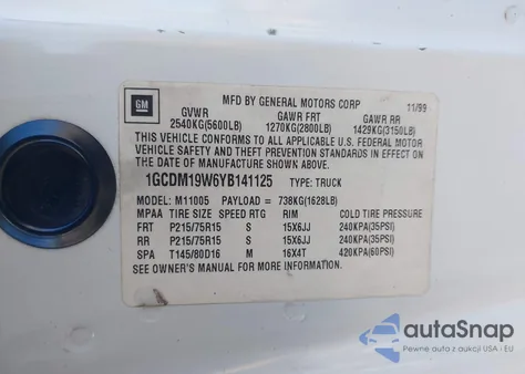 2000 Chevrolet Astro from USA, damaged, VIN 1GCDM19W6YB141125